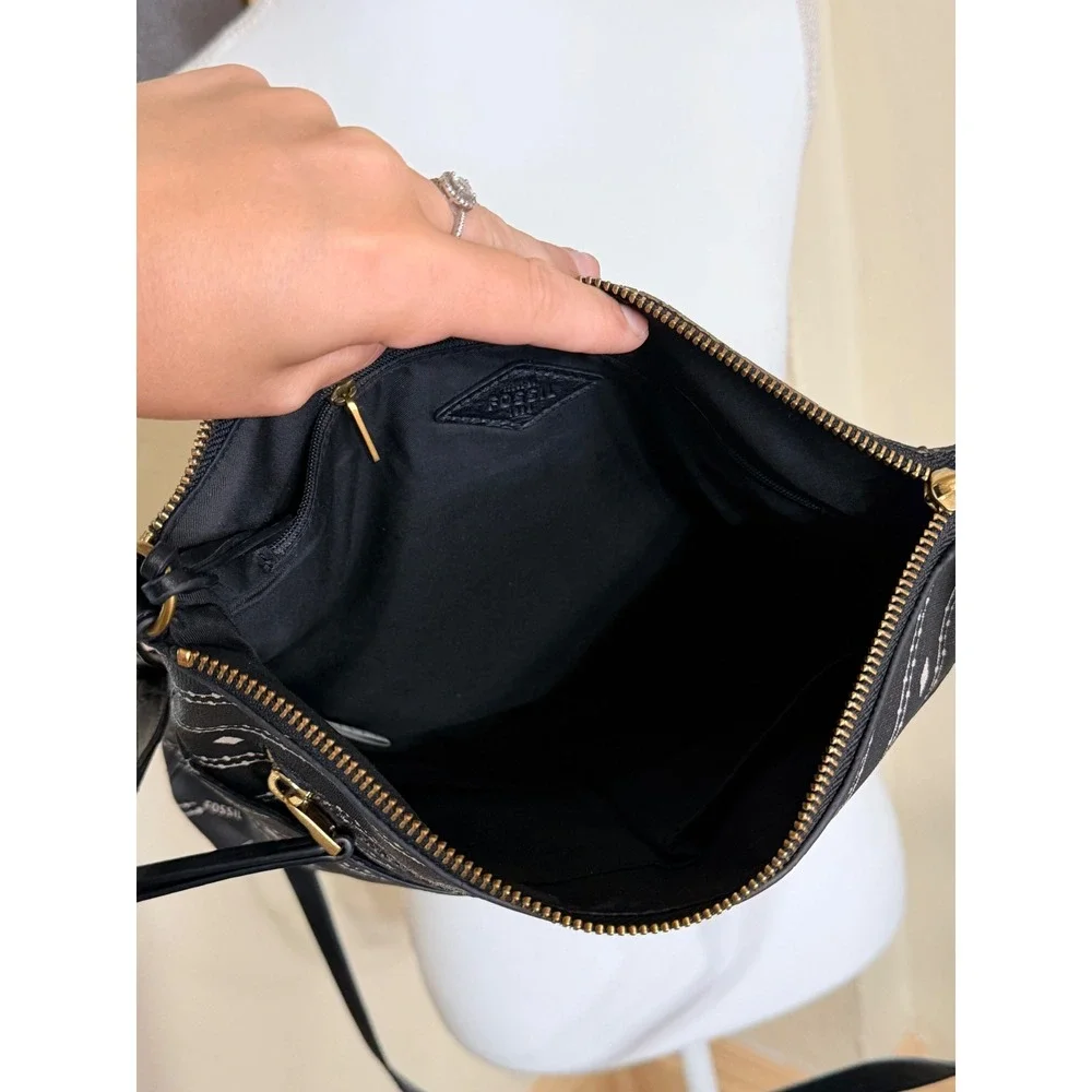 Fossil Black Coated Canvas Striped Logo Crossbody Bag Messenger Purse ZB7915